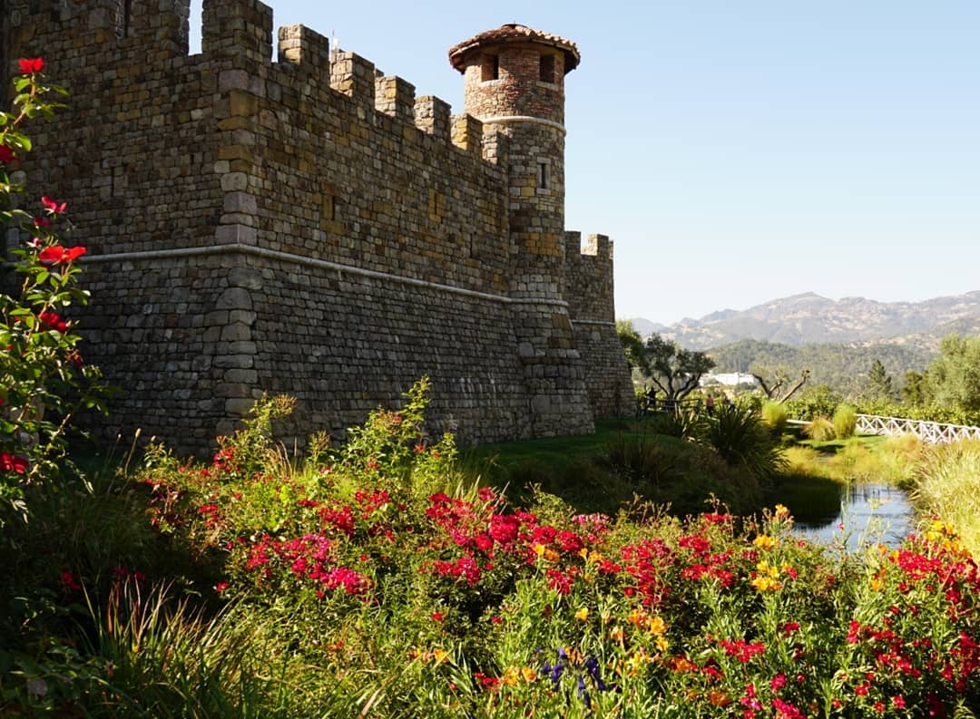 RN, May D., taking a photo at the Castello di Amorosa Winery in Napa Valley, Calif.